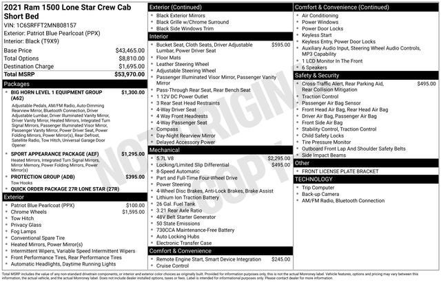 2021 RAM 1500 Lone Star Crew Cab 4x4 5'7" Box