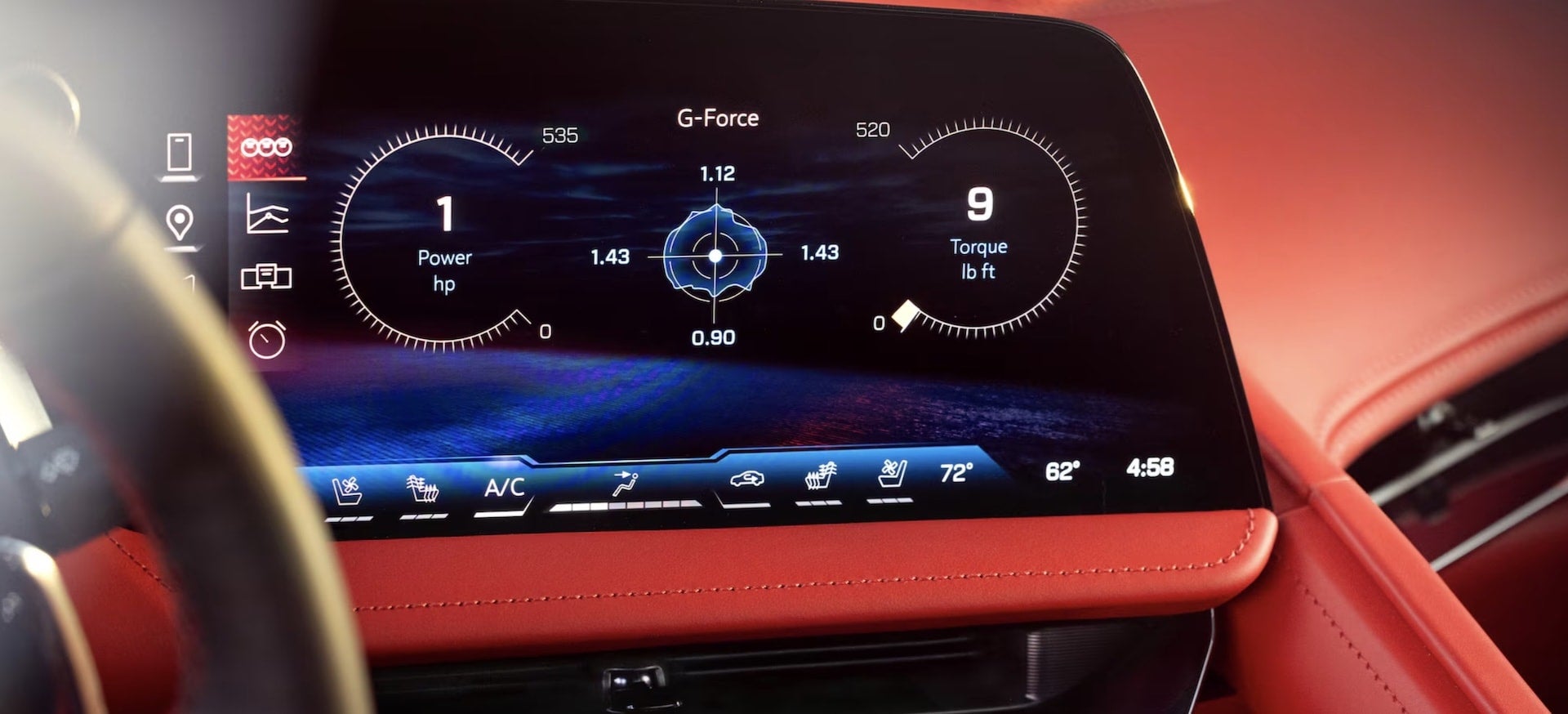 2027 Chevrolet Corvette Grand Sport digital cluster showing g-force, power and torque gauges