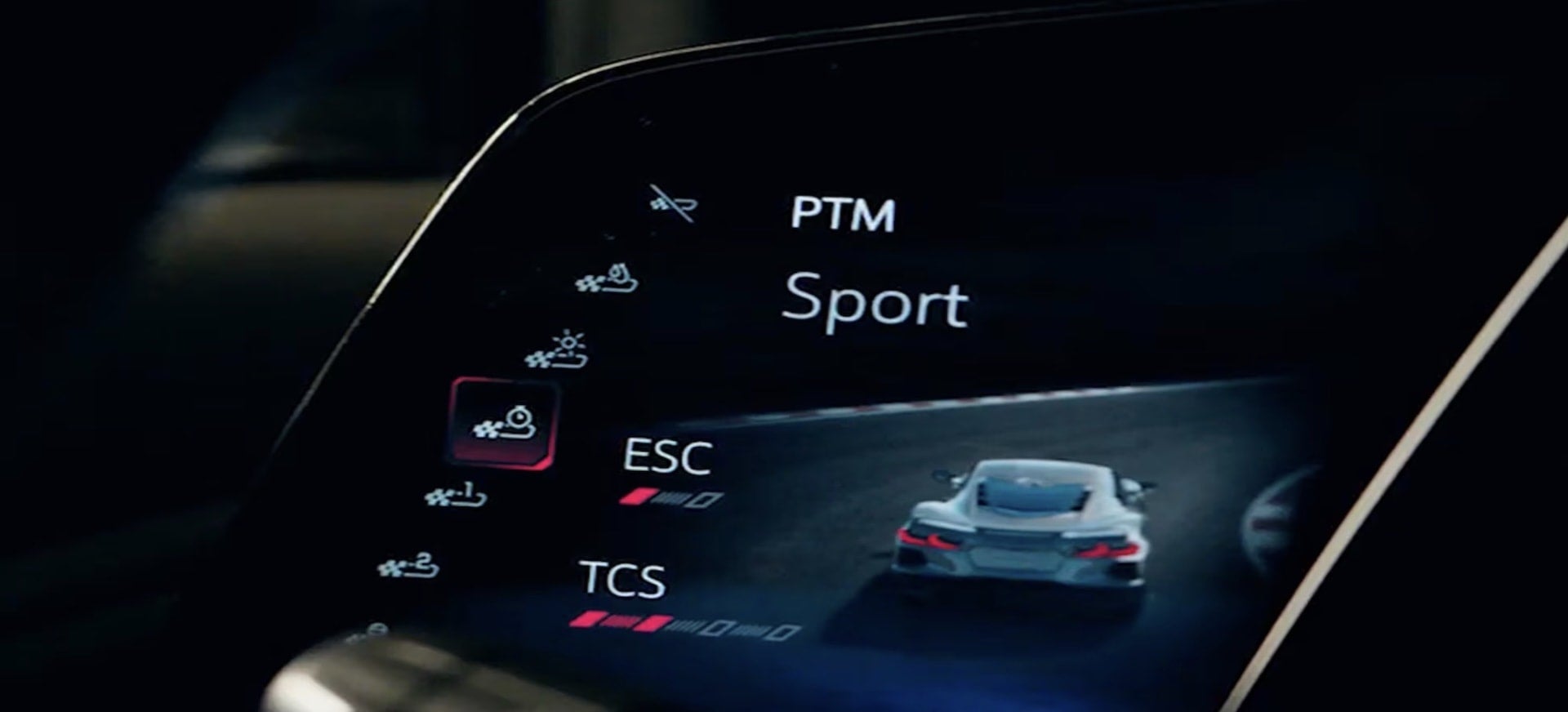 2027 Chevrolet Corvette Grand Sport digital display showing performance traction management sport mode settings