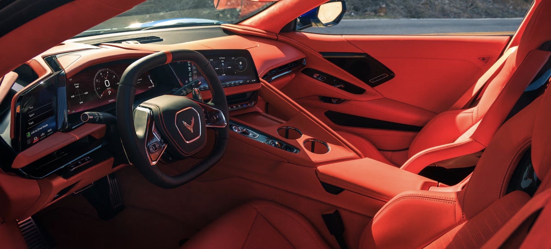 2027 Chevrolet Corvette Grand Sport interior with red leather seats, centre console and steering wheel